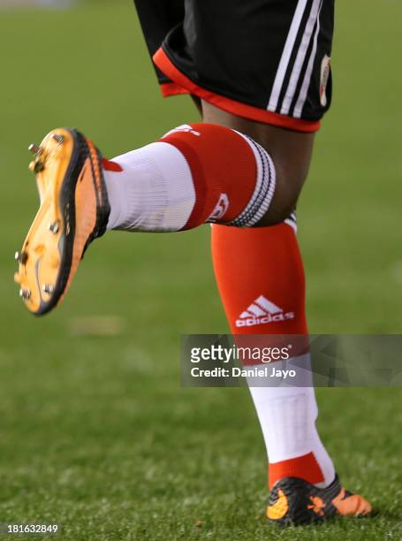 Details of River Plate's uniform, during a match between River Plate and All Boys as part of the Torneo Inicial 2013 at Monumental Stadium on...