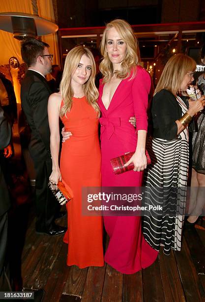 Actresses Emma Roberts and Sarah Paulson attend the Fox Broadcasting Company, Twentieth Century Fox Television and FX celebration of their 2013 EMMY...