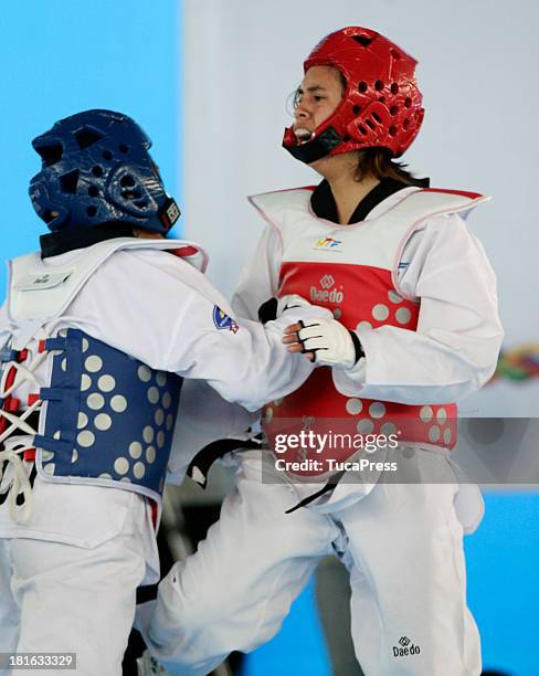 Belen Costa Ortega of Peru competes in Woman´s 63 kg Taekwondo as part of the I ODESUR South American Youth Games at on September 22, 2013 in Lima,...