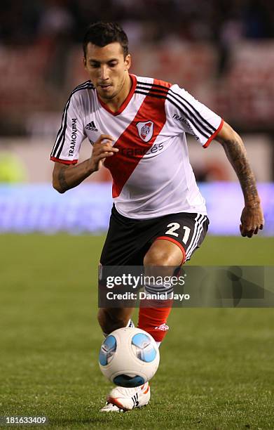 Leonel Vangioni, of River Plate, during a match between River Plate and All Boys as part of the Torneo Inicial 2013 at Monumental Stadium on...