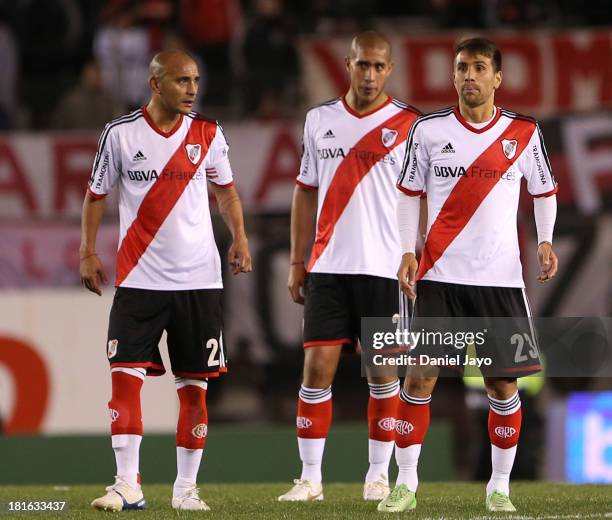 Cristian Raul Ledesma, Jonatan Maidana and Leonardo Ponzio, of River Plate, during a match between River Plate and All Boys as part of the Torneo...