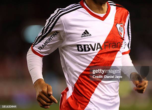Detail of River Plate's jersey during a match between River Plate and All Boys as part of the Torneo Inicial 2013 at Monumental Stadium on September...