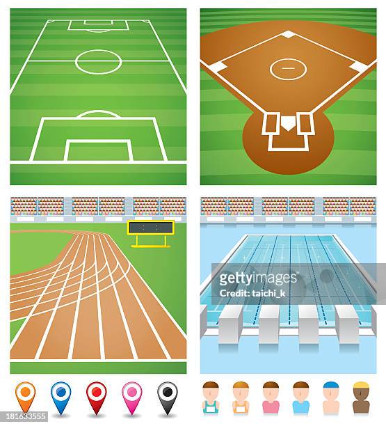 illustrations of sport fields, track, pool and avatars - race track stock illustrations