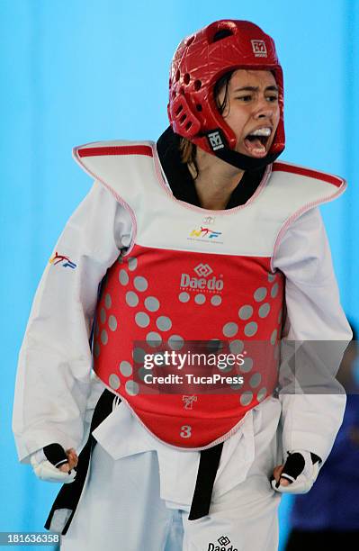 Belen Costa Ortega of Peru celebrates after win the Woman´s 63 kg Taekwondo as part of the I ODESUR South American Youth Games at on September 22,...