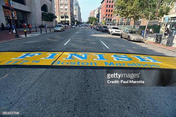 General view of the 117th Boston Marathon Finish Line on Boylston Street on September 12, 2013 in Boston, MA.
