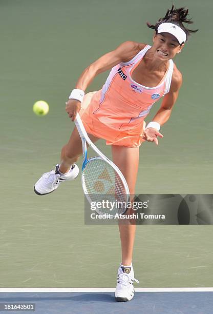 Kimiko Date-Krumm of Japan in action during her women's singles first round match against Anastasia Rodionova of Australia during day two of the...