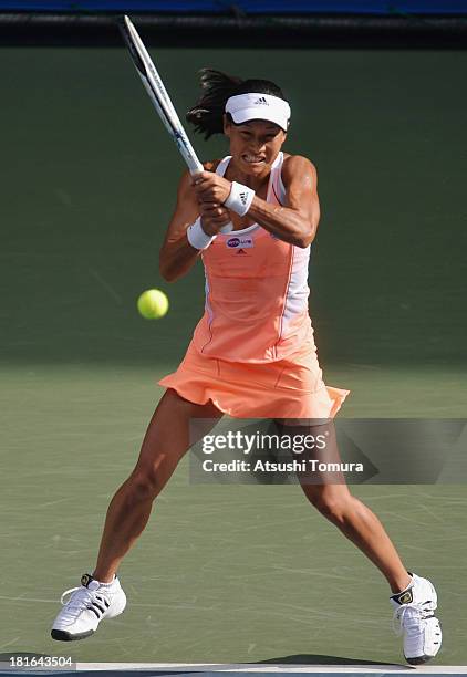 Kimiko Date-Krumm of Japan in action during her women's singles first round match against Anastasia Rodionova of Australia during day two of the...