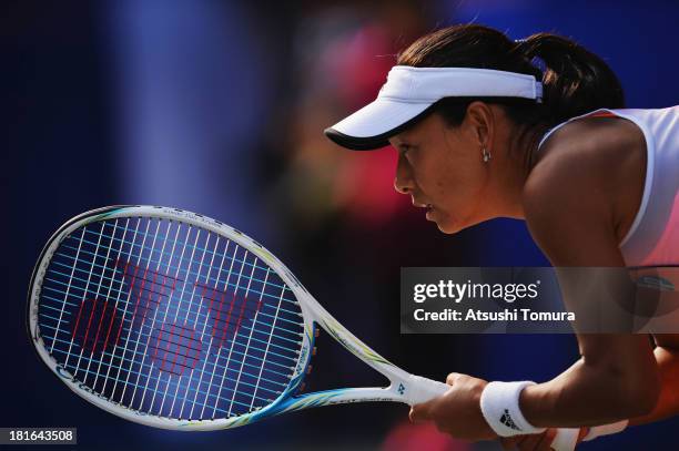 Kimiko Date-Krumm of Japan in action during her women's singles first round match against Anastasia Rodionova of Australia during day two of the...