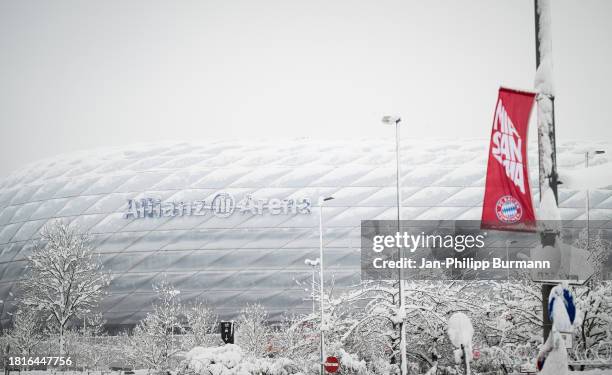 Exterior view of the Allianz Arena before the match between FC Bayern Munich and FC Union Berlin which was cancelled due to the weather conditions on...