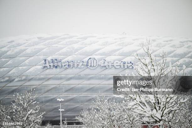 Exterior view of the Allianz Arena before the match between FC Bayern Munich and FC Union Berlin which was cancelled due to the weather conditions on...