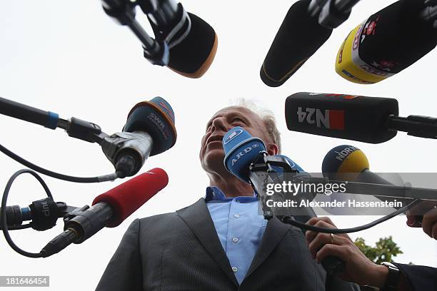 Juergen Trittin, co-lead candidate of the German Greens Party talks to the media on September 23, 2013 in Berlin, Germany. The German Christian...