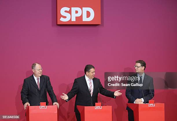Peer Steinbrueck, chancellor candidate of the German Social Democrats , SPD Chairman Sigmar Gabriel and SPD lead candidate in elections in Hesse...