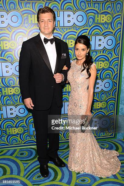 Actor Nathan Fillion and actress Mikaela Hoover attend HBO's Annual Primetime Emmy Awards Post Award Reception at The Plaza at the Pacific Design...