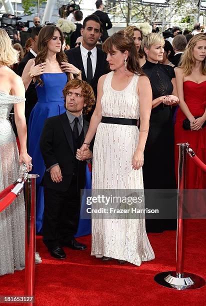 Actor Peter Dinklage and wife Erica Schmidt arrive at the 65th Annual Primetime Emmy Awards held at Nokia Theatre L.A. Live on September 22, 2013 in...