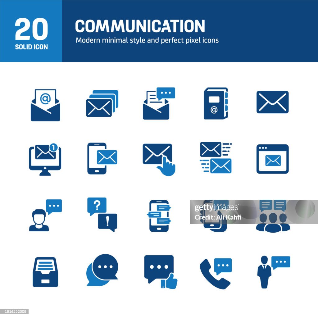 Communication solid icons. Containing e-mail, chat, dialogue, speaking solid icons collection. Vector illustration. For website design, logo, app, template, ui, etc.