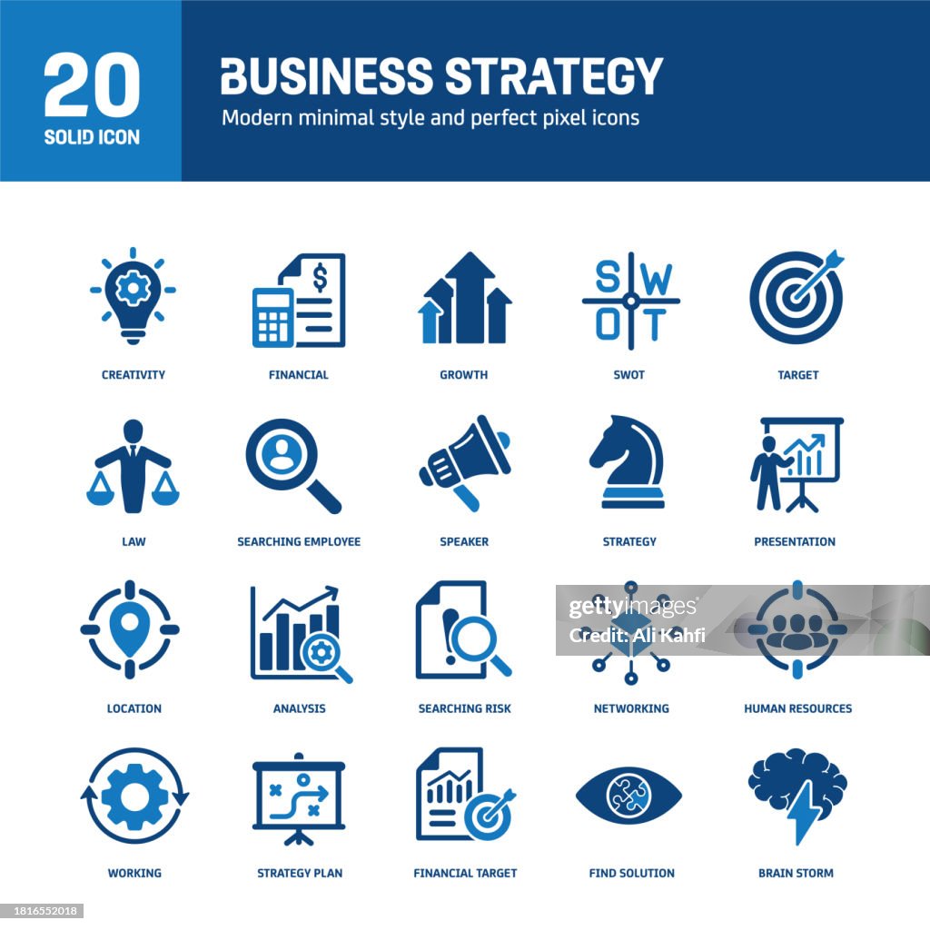 Business strategy solid icons. Containing analysis, creativity, teamwork, networking solid icons collection. Vector illustration. For website design, logo, app, template, ui, etc.