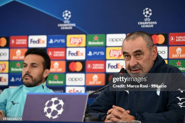 Pedro Rodriguez and Maurizio Sarri of SS lazio during the press conference, ahead of their UEFA Champions League group E match against SS Lazio and...