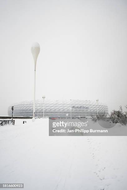 Exterior view of the Allianz Arena before the match between FC Bayern Munich and FC Union Berlin which was cancelled due to the weather conditions on...