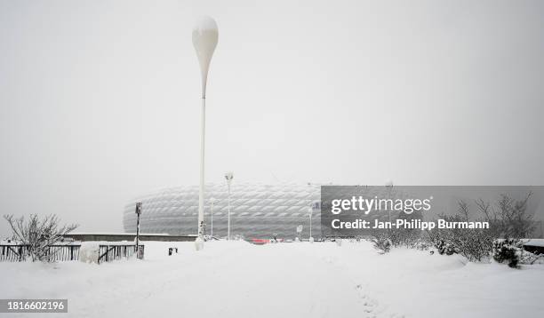 Exterior view of the Allianz Arena before the match between FC Bayern Munich and FC Union Berlin which was cancelled due to the weather conditions on...