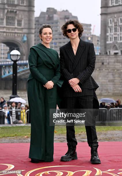 Olivia Colman and Timothee Chalamet attend the "Wonka" Photocall at Potter's Field Park on November 27, 2023 in London, England.