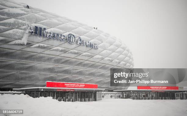 Exterior view of the Allianz Arena before the match between FC Bayern Munich and FC Union Berlin which was cancelled due to the weather conditions on...