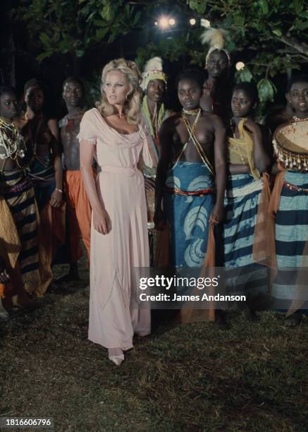 Swiss actress Ursula Andress on the set of The Southern Star, based on the novel by Jules Verne and directed by Sidney Hayers, 7 May 1968.