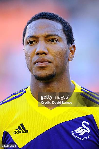 Jonathan De Guzman of Swansea City looks on prior to the UEFA Europa League Group A match between Valencia CF and Swansea City at Estadi de Mestalla...