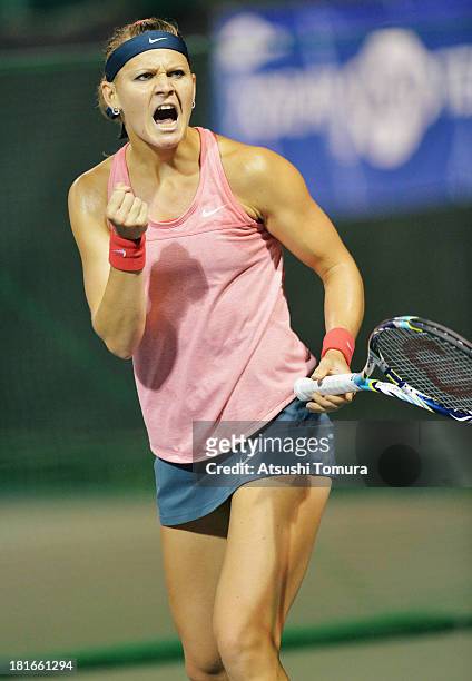Lucie Safarova of Czech Republic reacts during her women's singles second round match against Roberta Vinci of Italy during day two of the Toray Pan...