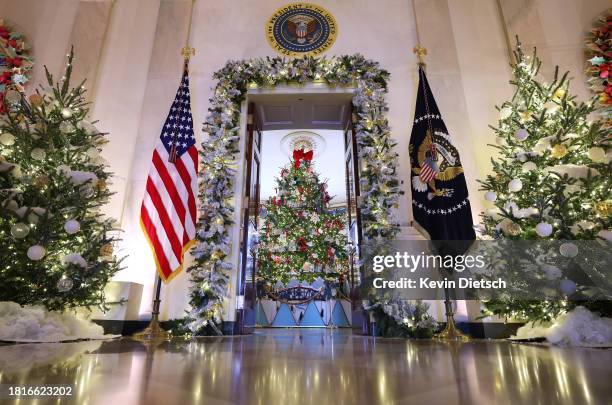 The Blue Room can be seen through the doorway in the Cross Hall, which is lined with frosted Christmas tress, during a media preview of the 2023...