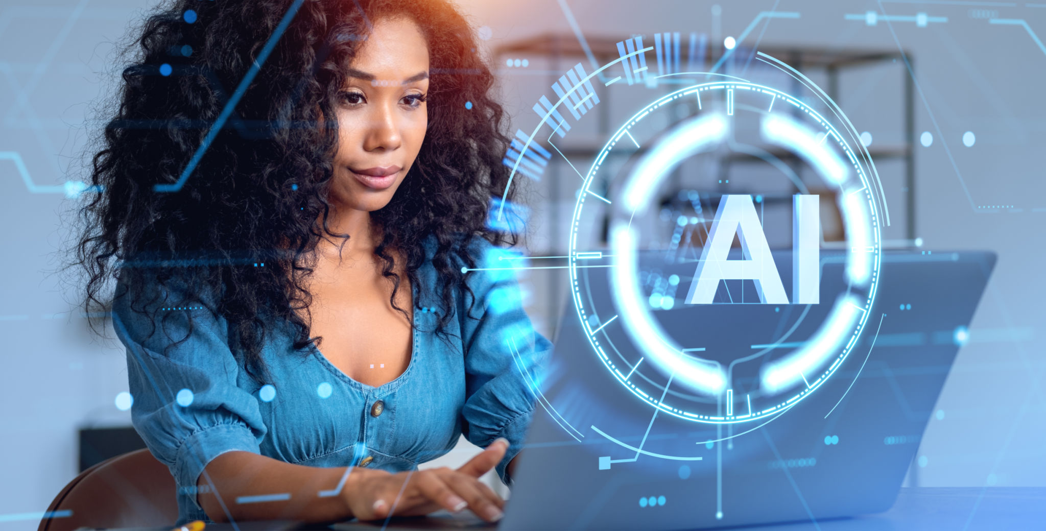 African woman with laptop, AI interface African woman with laptop, AI interface