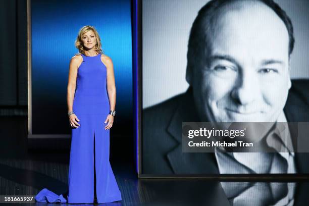 Actress Edie Falco pays tribute to the late James Gandolfini onstage during the 65th Annual Primetime Emmy Awards held at Nokia Theatre L.A. Live on...