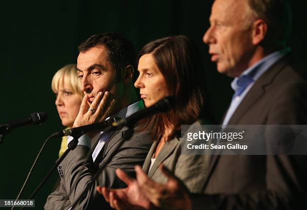 Claudia Roth and Cem Oezdemir, leaders of the German Greens Party and Greens Party lead candidates Katrin Goering-Eckardt and Juergen Trittin speak...