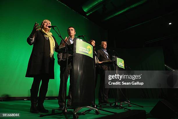 Claudia Roth and Cem Oezdemir, leaders of the German Greens Party and Greens Party lead candidates Katrin Goering-Eckardt and Juergen Trittin speak...