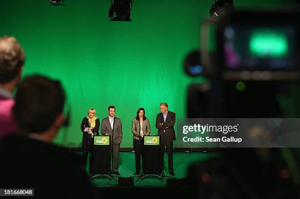 Claudia Roth and Cem Oezdemir, leaders of the German Greens Party and Greens Party lead candidates Katrin Goering-Eckardt and Juergen Trittin speak...