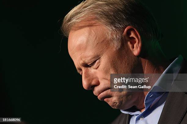German Greens Party co-lead candidate Juergen Trittin speaks to the media on the first day after German federal elections on September 23, 2013 in...