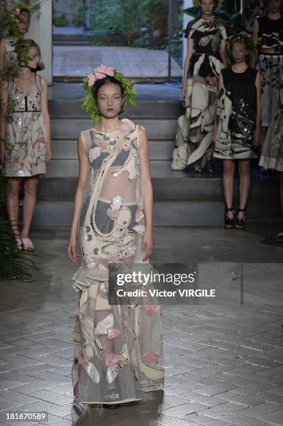 Model walks the runway during the Antonio Marras show as a part of Milan Fashion Week Womenswear Spring/Summer 2014 on September 20, 2013 in Milan,...