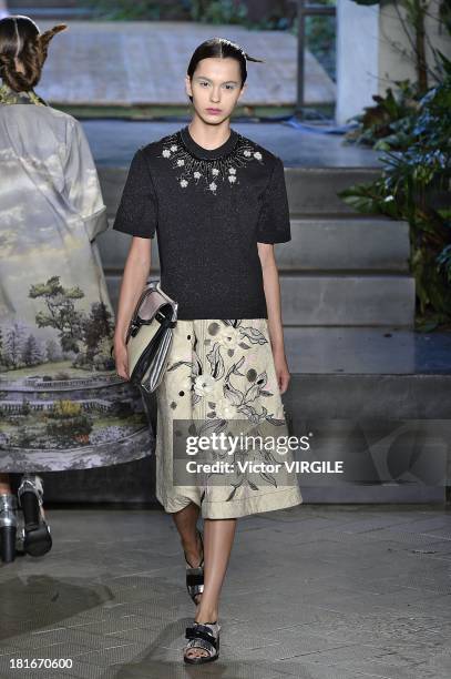 Model walks the runway during the Antonio Marras show as a part of Milan Fashion Week Womenswear Spring/Summer 2014 on September 20, 2013 in Milan,...