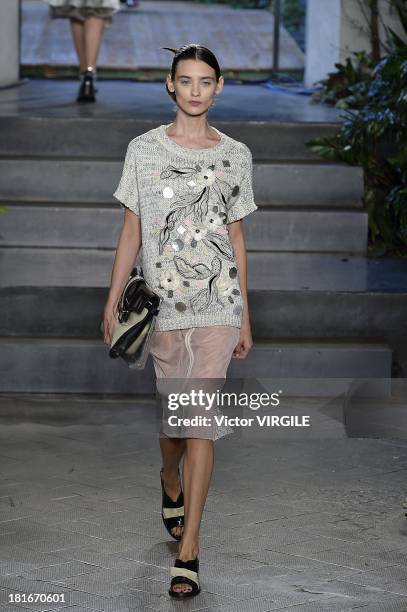 Model walks the runway during the Antonio Marras show as a part of Milan Fashion Week Womenswear Spring/Summer 2014 on September 20, 2013 in Milan,...