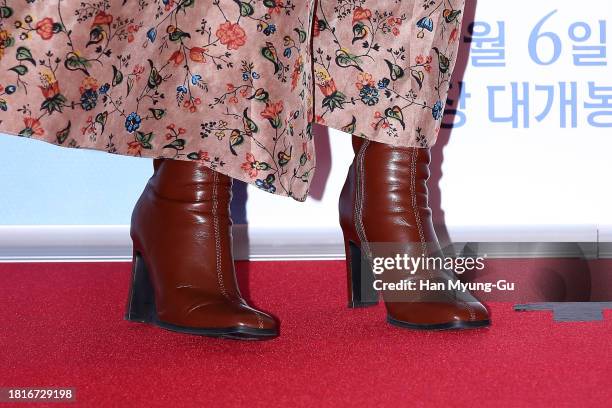 South Korean actress Lee Young-Ae, shoe detail, attends "Our Season" a VIP screening at COEX Mega box on November 27, 2023 in Seoul, South Korea.