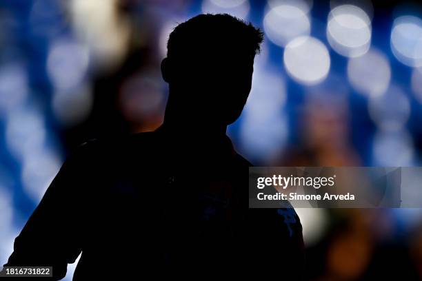 Josep Martinez of Genoa is seen in silhouette as he warms up prior to kick-off in the Serie A TIM match between Genoa CFC and Empoli FC at Stadio...