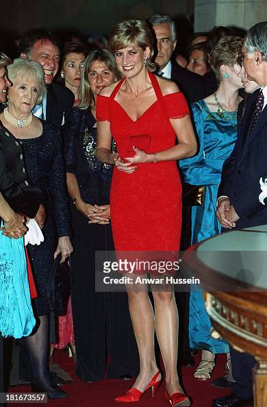 Diana, Princess of Wales, wearing a red dress designed by Catherine ...