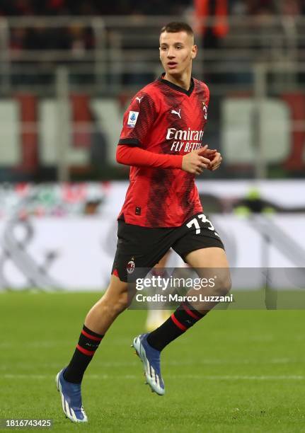 Francesco Camarda of AC Milan looks on during the Serie A TIM match between AC Milan and ACF Fiorentina at Stadio Giuseppe Meazza on November 25,...