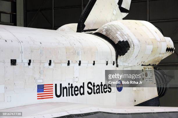 Space shuttle Endeavour sits inside the United Airlines hanger at Los Angeles International Airport waiting for final journey to the California...