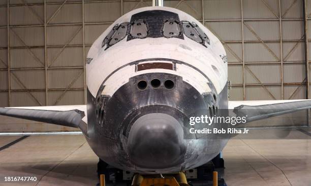 Space shuttle Endeavour sits inside the United Airlines hanger at Los Angeles International Airport waiting for final journey to the California...