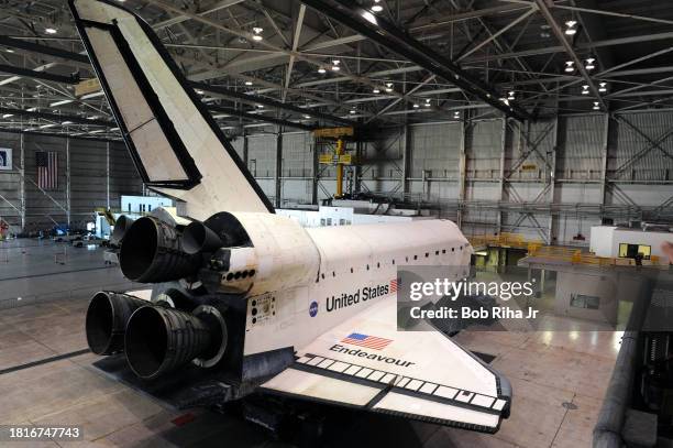 Space shuttle Endeavour sits inside the United Airlines hanger at Los Angeles International Airport waiting for final journey to the California...