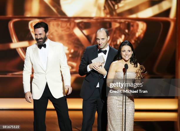 Jon Hamm with Winner of Best Supporting Actor in a Comedy Series Tony Hale and winner of Best Lead Actress in a Comedy Series, Julia Louis-Dreyfus...