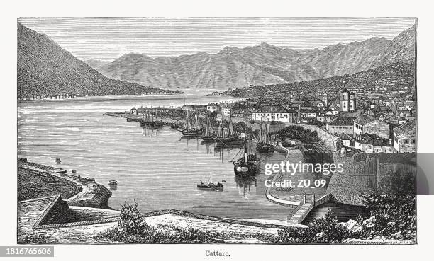 historical view of kotor (cattaro), montenegro, wood engraving, published 1894 - kotor town stock illustrations