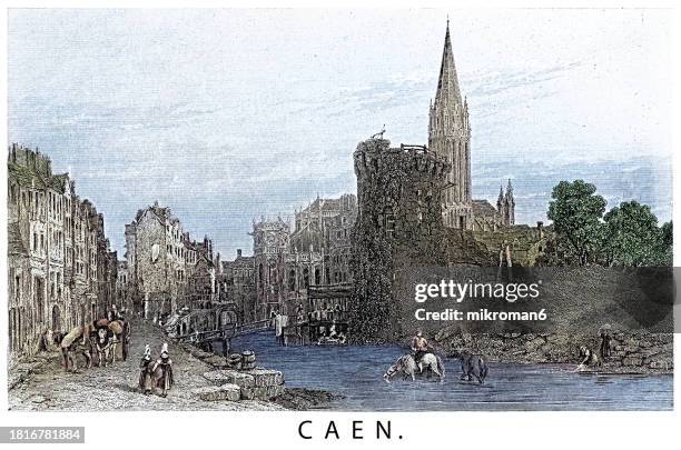 old engraved illustration of caen, a city 15 km (9.3 mi) inland from the northwestern coast of france - northwestern stock pictures, royalty-free photos & images