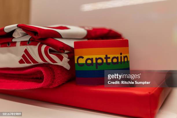 General view of the rainbow laces captains armband before the Premier League match between Nottingham Forest and Everton FC at City Ground on...