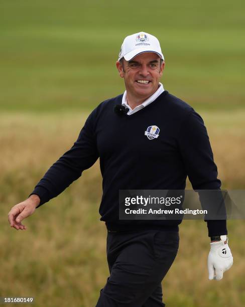 Paul McGinley, European Ryder Cup captain, in action during the Captains' Golf Challenge at Gleneagles on September 23, 2013 in Auchterarder,...